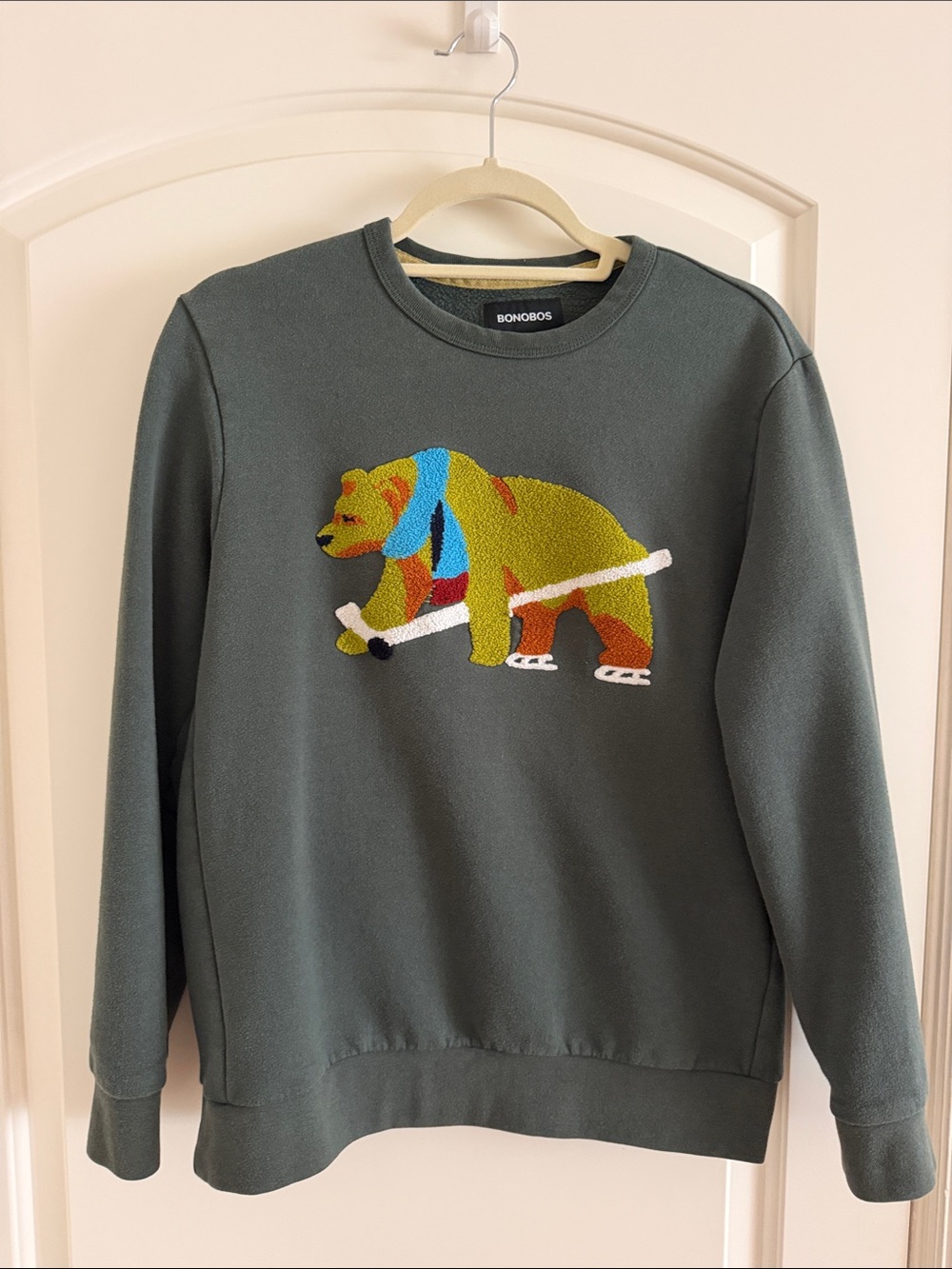 Bonobos Olive Green Crewneck Sweatshirt with Bear Embroidery- XS